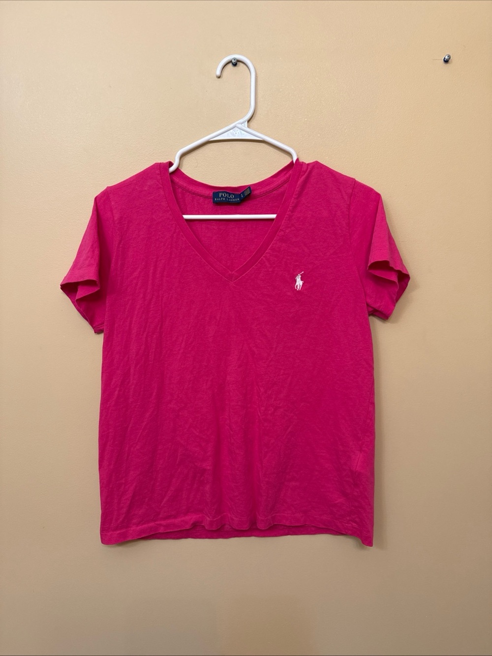 Ralph Lauren Women's V-Neck Tee in Bright Pink with Embroidered Pony